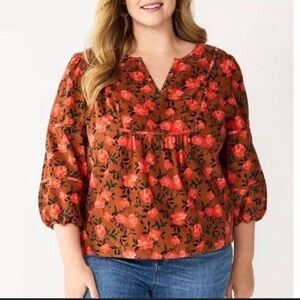 Sonoma Goods For Life Notchnwck Puff Slv Corduroy Floral Top Prairie Blouse 1X‎